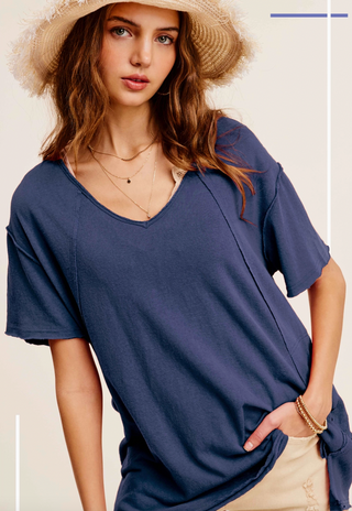 Navy Stretchy V Neck Top