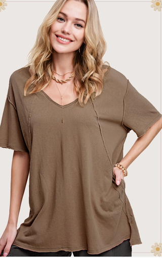 Wood Stretchy V Neck Top