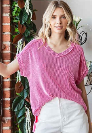 Candy Pink Ribbed V Neck Top