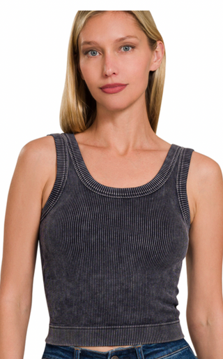 Black Stone Washed Full Length Ribbed Tank