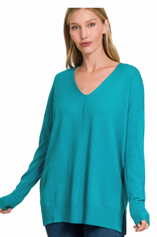 Heather Light Teal Front Seam Sweater