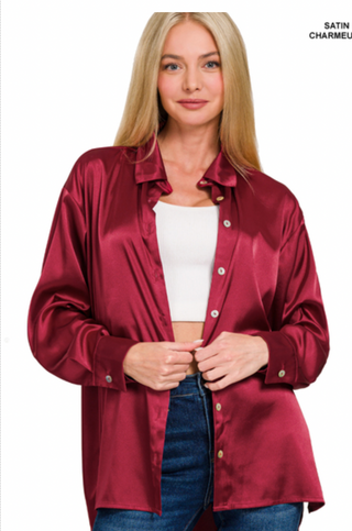 Burgundy Satin Button Down Top