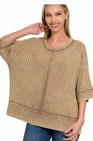 Mocha Ribbed Drop Shoulder Top