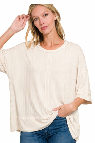 Sand Beige Ribbed Drop Shoulder Top