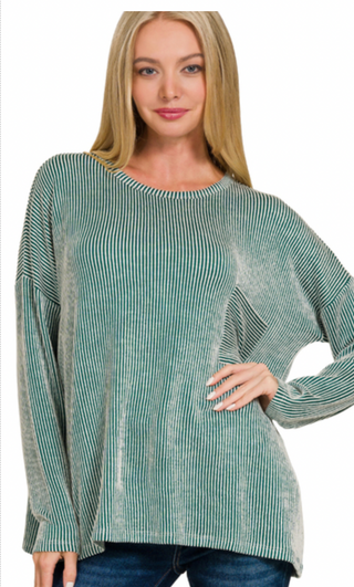 Dark Green Ribbed Striped Long Sleeve Top