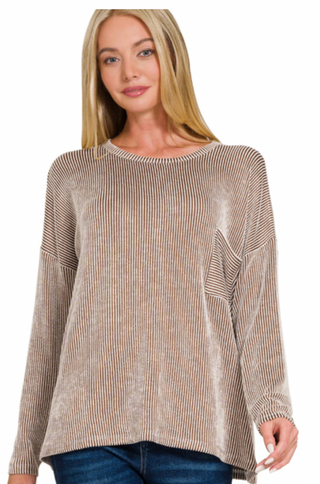 Brown Ribbed Striped Long Sleeve Top