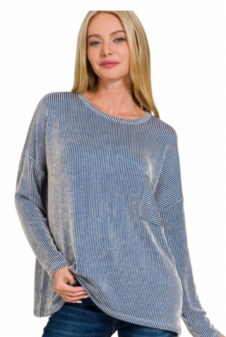 Light Navy Ribbed Striped Long Sleeve Top