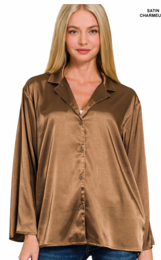 Deep Camel Satin Button Down Top