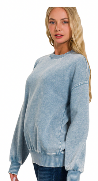 Blue Grey Acid Wash Fleece Pullover