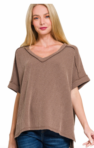 Brown Corded Ribbed V Neck Top