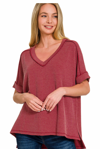 Burgundy Corded Ribbed V Neck Top