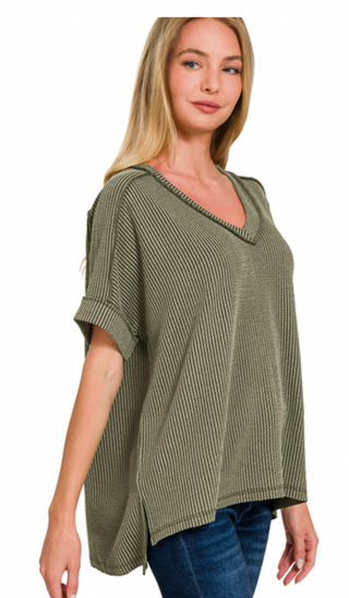 Dark Olive Corded Ribbed V Neck Top