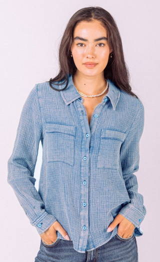 Denim Gauze Button Top