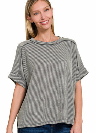 Grey Corded Cuffed Sleeve Raw Edge Top