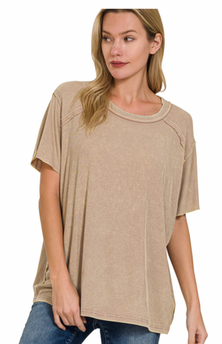 Ash Mocha Ribbed Boat Neck Top