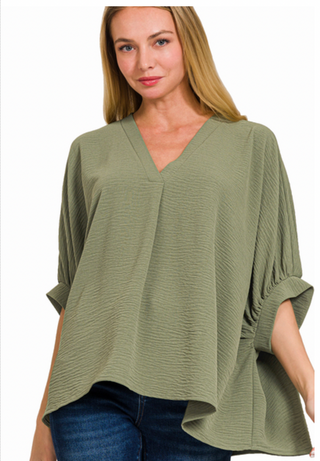 Light Olive Air Flow Puff Sleeve Top