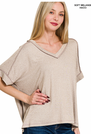 Ash Brown Soft Hacci V Neck Top