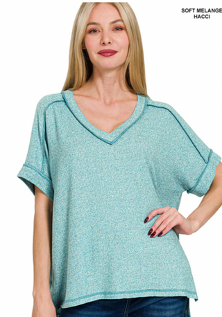 Dusty Teal Soft Hacci V Neck Top