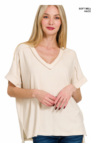 Sand Beige Soft Hacci V Neck Top