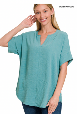 Dusty Teal Split Neck Air Flow Top