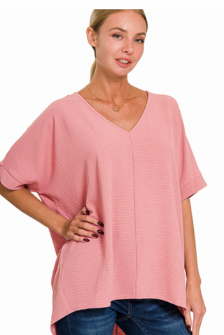 Light Rose Woven V Neck Top