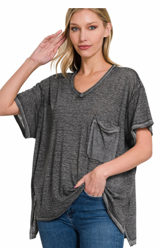 Ash Black Melange Hi Low Scoop V Neck Top