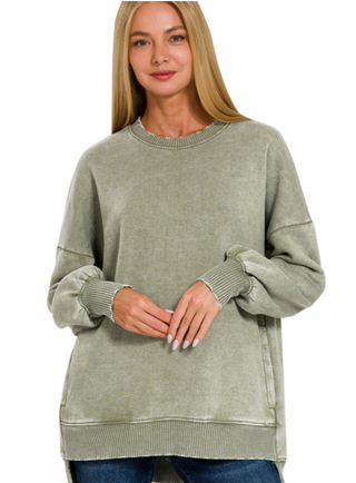 Light Olive Acid Wash Fleece Pullover