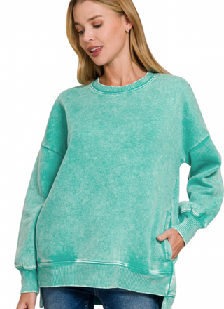 Turquoise Acid Wash Fleece Pullover