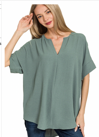 Ash Jade Split Neck Woven Airflow Top