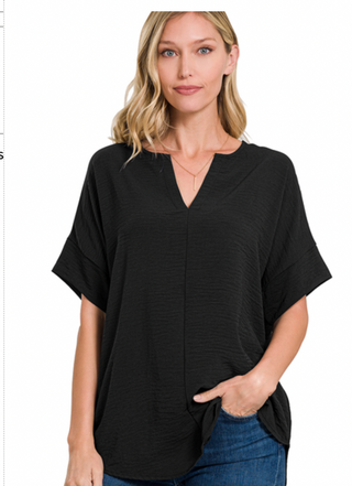 Black Split Neck Woven Airflow Top