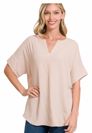 Sand Beige Split Neck Woven Airflow Top