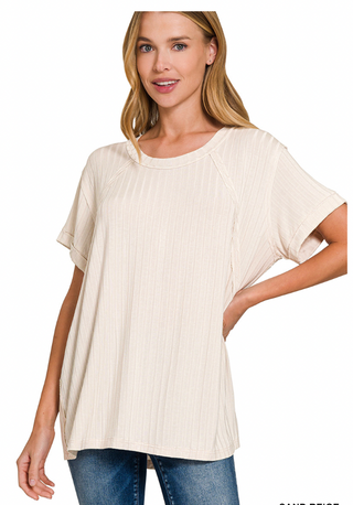 Sand Beige Ribbed Boat Neck Top