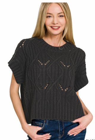 Black Cable Knit Short Sleeve Sweater
