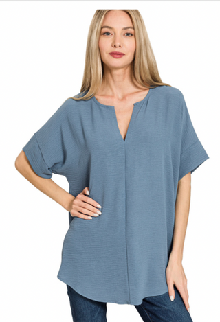 Dusty Blue Split Neck Woven Airflow Top