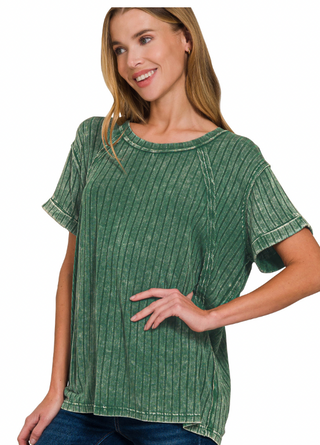 Dark Green Ribbed Boat Neck Top
