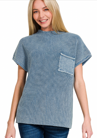 Dusty Blue Mock Neck Short Sleeve Sweater