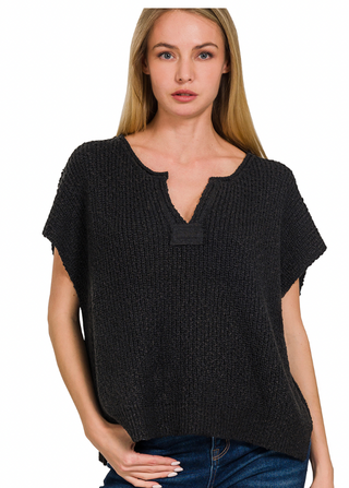 Black Short Sleeve Rolled Patch Sweater