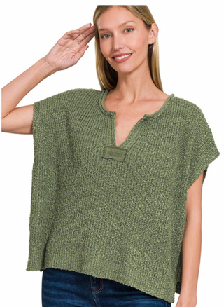 Light Olive Short Sleeve Rolled Patch Sweater