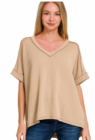 Light Mocha Corded Ribbed V Neck Top