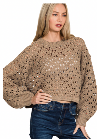 Mocha Cropped Crochet Balloon Sleeve Sweater