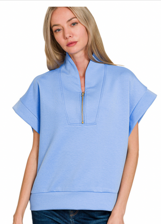 Cornflower Blue Scuba High Neck Half Zip Top