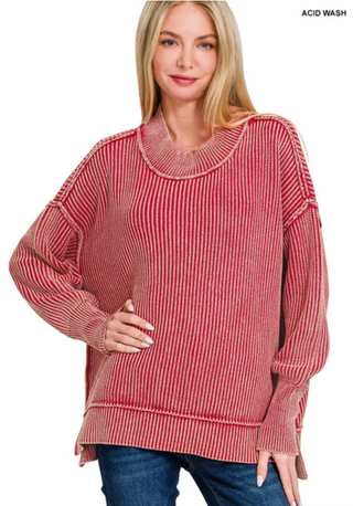 Red Washed side slit oversized sweater