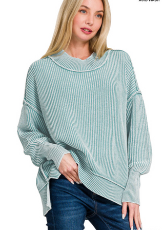 Teal Washed side slit oversized sweater