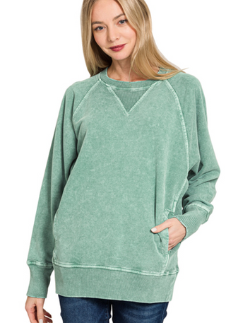 Green Halo washed french terry round neck pullover
