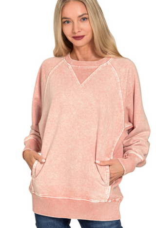 Rose Halo washed french terry round neck pullover