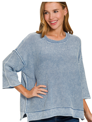 Dusty Blue Washed 3/4 sleeve boxy sweater