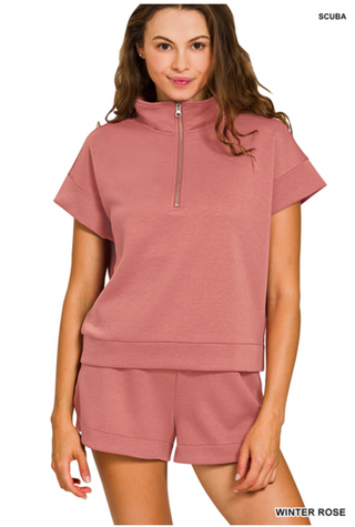 Winter Rose Scuba high neck half zip top & dolphin shorts set