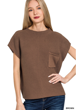 Brown Mock Neck Short Sleeve Sweater