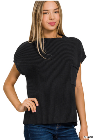 Black Mock Neck Short Sleeve Sweater