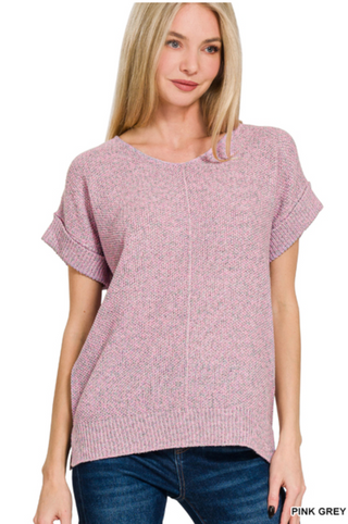 Pink Gray Short Sleeve Sweater